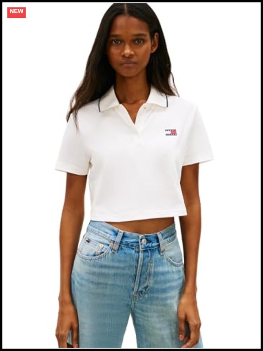 Lightweight Cotton Stretch Cropped Polo Shirt Embroidered Logo Boxy Fit
